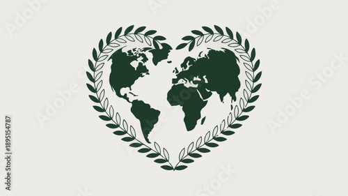 Heart shaped earth embraced by laurel wreath illustration on light background globe love
