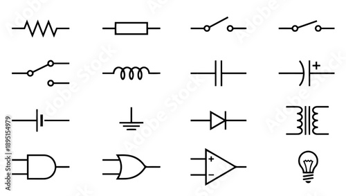 Electrical and Electronic Schematic Symbol Set – Vector Icons, electrical symbols, electronic components, circuit diagram, schematic icons, resistor, zigzag resistor, rectangular resistor, capacitor, 