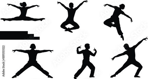 Black silhouettes of dancers jumping and posing, contemporary dance movements isolated on white background dynamic performance illustration set