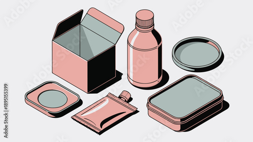 Isometric arrangement of cosmetic packaging and an open box bottle tube