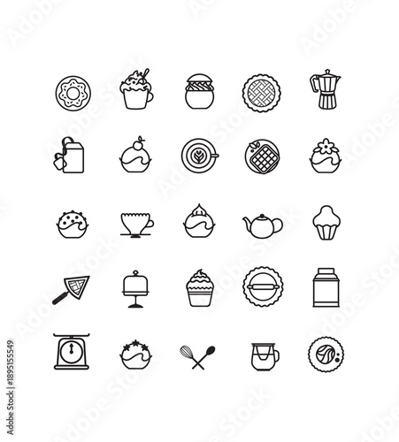 Collection d'icônes pour pâtisserie, salon de thé, traiteur sucré, réception, évènement, séminaire, mariage, anniversaire, salon, organisateur, boulangerie, viennoiserie, dessert, recette, cuisine
