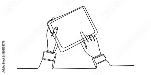 Continuous line drawing of hands interacting with a digital tablet screen on a white background Vector, illustration