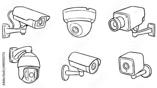 Hand-Drawn CCTV Camera Pack of 6 – Sketch Style Security Illustrations on png Background, hand-drawn CCTV, sketch CCTV camera, wall-mounted camera, bullet camera, dome camera, box camera, PTZ cam,