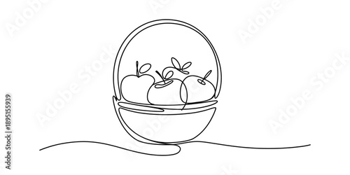 Continuous line drawing of three fresh apples in a bowl on a white background Vector, illustration