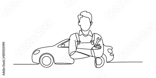 A continuous line drawing of a mechanic standing confidently in front of a car Vector, illustration