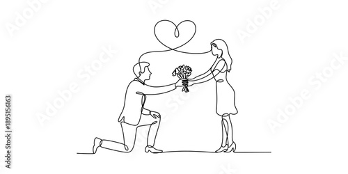 A continuous line art drawing capturing a romantic proposal scene with a heart symbol Vector, illustration