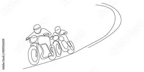A continuous line drawing depicting two motorcycle racers riding quickly around a curve Vector, illustration