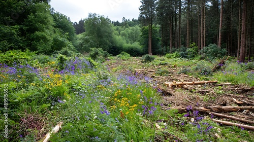 Clearing in a forest with a carpet of vibrant blue and yellow wildflowers, amidst fallen logs and lush green undergrowth.