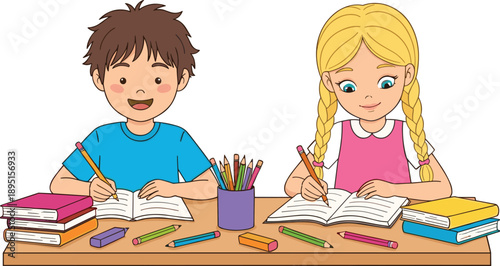 Happy children studying together at desk with books, pencils, and notebooks, cartoon illustration of boy and girl doing homework
