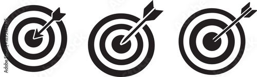 Business strategy and success: target with arrow hitting bullseye icon set, vector graphic isolated on white background.