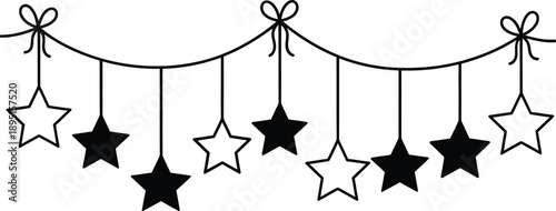 Black and white star garland with bows on a string