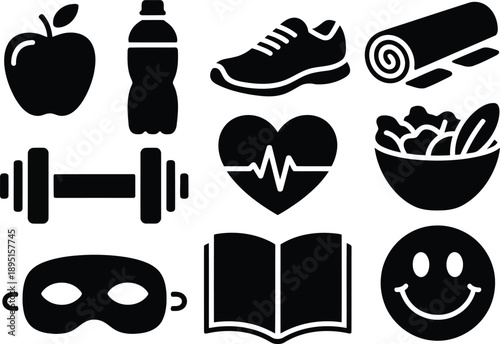A collection of black silhouette icons representing health, fitness, well being, and a balanced lifestyle