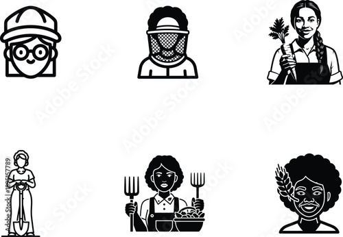 black and white illustrations of people working in agriculture and gardening