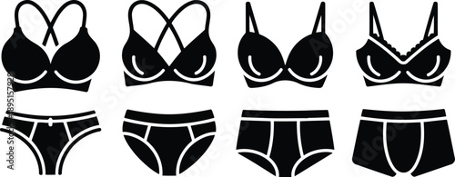 A collection of black silhouette icons showing different types of womens bras and various underwear styles on a white background