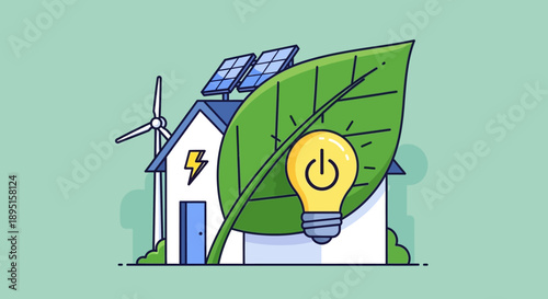 Green energy house with solar panels and wind turbine illustration.