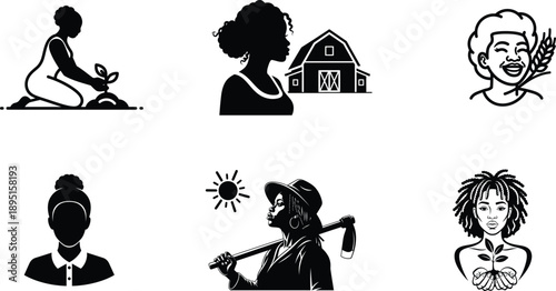 black silhouettes of people engaged in farming and daily activities