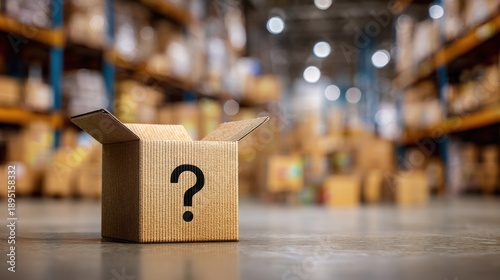 Unlabelled cardboard box with question mark in a warehouse environment, symbolizing uncertainty and the unknown in logistics and distribution