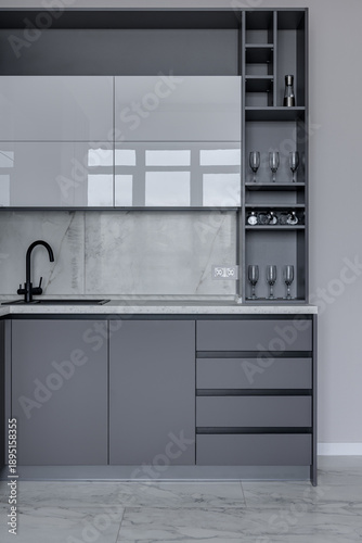 Sleek Modern Kitchen, Polished Gray Kitchenette Featuring Elegant Fixtures And Hidden Storage