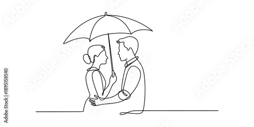 A continuous line art drawing illustrating a loving couple sharing an umbrella Vector, illustration