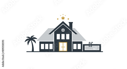 Modern House with Swimming Pool and Palm Tree.