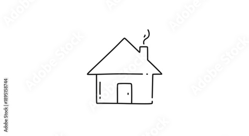 Simple hand drawn outline of a house with smoke coming from chimney.