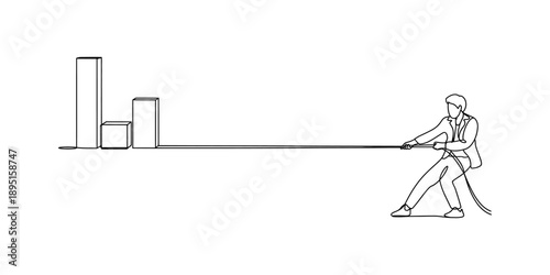 Businessman pulling a rope connected to a bar graph in continuous line art drawing Vector, illustration