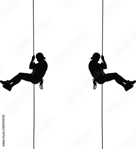 Black silhouettes of rope access workers climbing vertical lines, industrial alpinism professionals in safety gear isolated on white background illustration