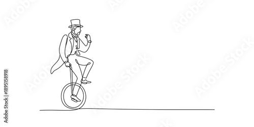 A vintage gentleman performer on a unicycle in continuous line art style Vector, illustration