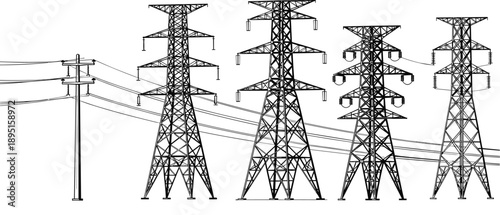 High voltage power transmission towers technical line illustration showing electricity grid infrastructure, overhead lines, and utility energy distribution systems