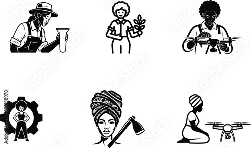 set of various occupations and activities with diverse people  six illustrations