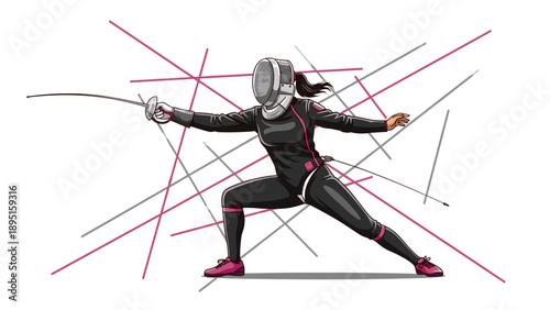 Dynamic fencing athlete in action stance with modern lines and bold colors
