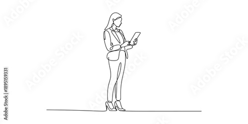 Continuous line drawing of a business woman standing and looking at a tablet or clipboard Vector, illustration
