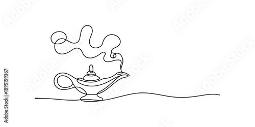Continuous line drawing of a magic genie lamp with rising smoke on a white background isolated on white background, Vector, illustration