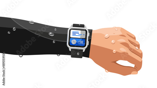 Smartwatch on wrist with water drops: flat design of waterproof fitness tracker