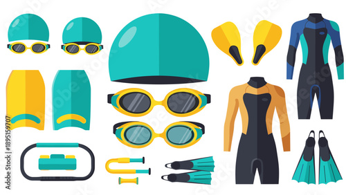 Diving and swimming gear collection featuring wetsuits, goggles, and flippers in flat style