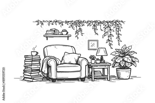 Detailed woodcut vector illustration of a cozy interior reading nook with an armchair and bookshelves, vintage etching style home decor artwork.