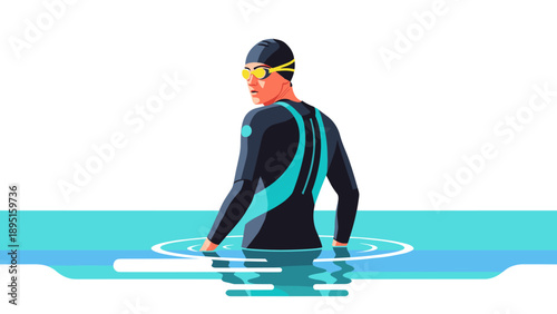 Triathlete in wetsuit preparing for swim in vibrant minimalist style