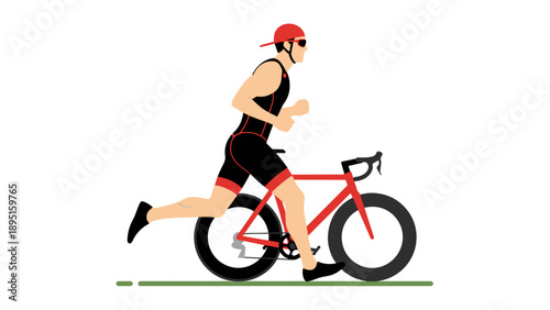 Triathlete transitioning: dynamic illustration of athlete running with bicycle