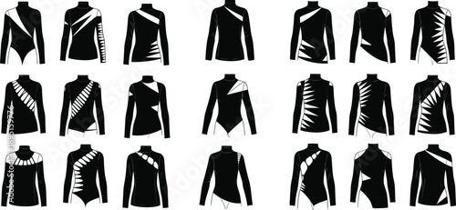 Vector, set, of, black, and, white, technical, sketches, of, gymnastics, leotards, and, bodysuits, with, various, geometric, cutouts, for, sportswear, fashion, apparel, design, templates