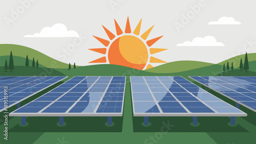 Solar Panels in a Green Landscape with Hills and a Setting Sun solar energy renewable energy