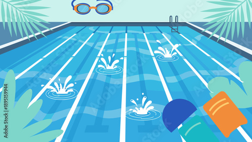 Refreshing summer pool scene with swim lanes and splashing water in flat design