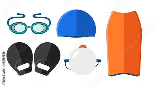 Essential swimming gear collection featuring flat style equipment and accessories