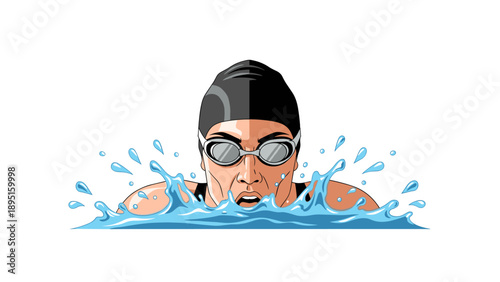 Competitive swimmer in action with splashing water elements