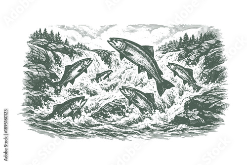 Detailed woodcut vector illustration of salmon fish jumping up a waterfall, vintage etching style river wildlife nature scene artwork.
