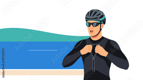 Triathlete preparing for swim by the ocean shore