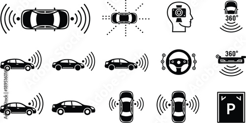 Vector, set, of, black, icons, representing, autonomous, driving, technology, parking, sensors, smart, vehicle, radar, and, 360, degree, cameras, for, automotive, and, transportation, safety, designs