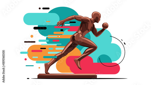 Dynamic abstract runner sculpture with vibrant geometric background
