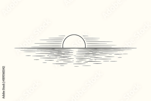 Bild auf Leinwand Minimalist line art vector illustration of a setting sun over a calm sea horizon, simple vintage woodcut style sunset nature scene