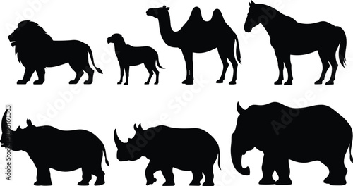 Wild animal silhouette set isolated on white background lion camel horse rhinoceros elephant black vector collection