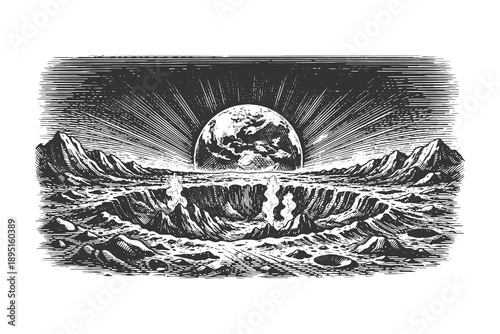 Surreal woodcut vector illustration of a lunar crater landscape with a large planet in the sky, vintage etching style sci-fi space scenery.